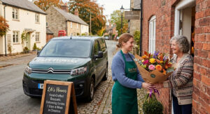 A Lili's Flowers delivery driver handing a colorful, hand-crafted bouquet to a smiling customer in Christleton, with a professional delivery van branded with "Christleton Flower Delivery" parked on a charming village street.