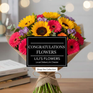 Bright congratulations flower bouquet with sunflowers and orange lilies - Lili's Flowers Chester.
