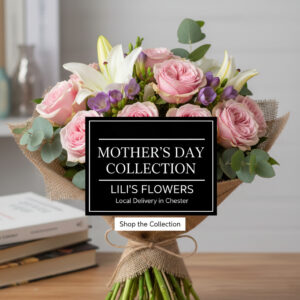 Mother's Day flower bouquet with pink carnations and white lilies in a rustic wrap - Lili's Flowers.