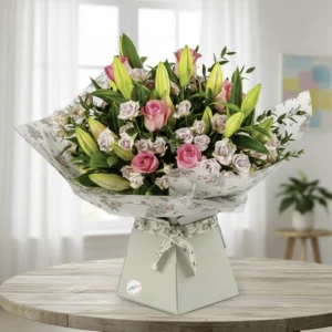 Mothers Day Pink & Lilac Surprise bouquet with roses and lilies in a white gift box, hand-crafted for delivery in Chester with secure Square payment.