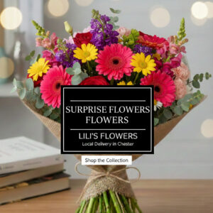 A vibrant surprise flower bouquet being delivered in a rustic gift wrap - Lili's Flowers Chester.