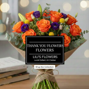 Vibrant thank you flower bouquet with pink roses and yellow gerberas - Lili's Flowers Chester.