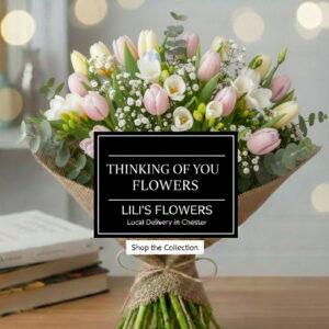 Thinking of you flower bouquet with soft pastel tulips and freesias - Lili's Flowers Chester.
