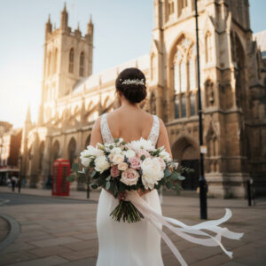 Luxury bridal bouquet in front of Chester Cathedral by Lili's Flowers.