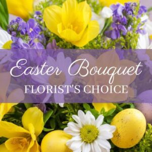 Vibrant Easter Florist Choice bouquet with yellow flowers and decorative Easter eggs for local delivery in Chester