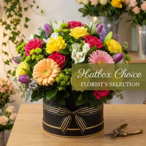 Luxury Florist Choice Hatbox with vibrant mixed seasonal flowers for local delivery in Chester